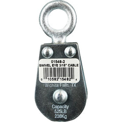 Block Division - 525 Lbs. Load Limit, Swivel Eye Standard Block - Double Sheave, 1-1/2 Inch Outside Diameter, Wire Rope, 3/16 Inch Diameter, Eye, 5/8 Inch Inside Diameter, Carbon Steel, Zinc Plated Finish - Exact Tooling