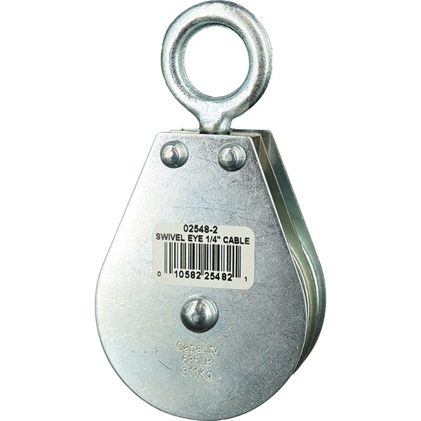 Block Division - 685 Lbs. Load Limit, Swivel Eye Standard Block - Double Sheave, 2-1/2 Inch Outside Diameter, Wire Rope, 1/4 Inch Diameter, Eye, 7/8 Inch Inside Diameter, Carbon Steel, Zinc Plated Finish - Exact Tooling