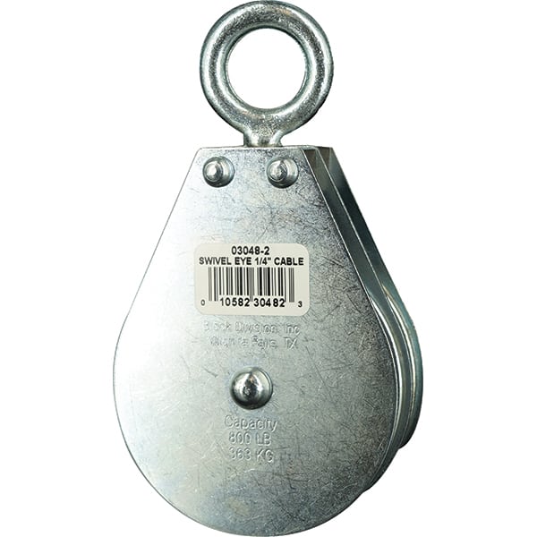 Block Division - 800 Lbs. Load Limit, Swivel Eye Standard Block - Double Sheave, 3 Inch Outside Diameter, Wire Rope, 1/4 Inch Diameter, Eye, 7/8 Inch Inside Diameter, Carbon Steel, Zinc Plated Finish - Exact Tooling