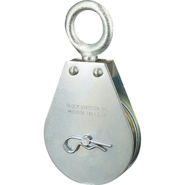 Block Division - 600 Lbs. Load Limit, Swivel Eye Snatch Block - Single Sheave, 2 Inch Outside Diameter, Wire Rope, 3/16 Inch Diameter, Eye, 5/8 Inch Inside Diameter, Carbon Steel, Zinc Plated Finish - Exact Tooling