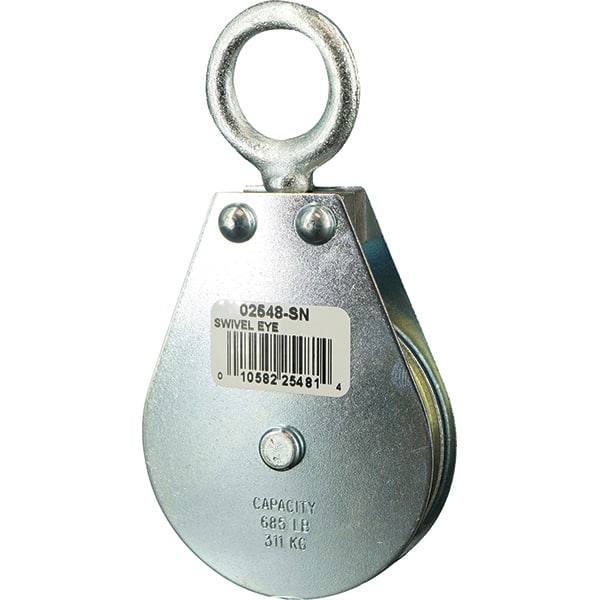 Block Division - 685 Lbs. Load Limit, Swivel Eye Snatch Block - Single Sheave, 2-1/2 Inch Outside Diameter, Wire Rope, 1/4 Inch Diameter, Eye, 7/8 Inch Inside Diameter, Carbon Steel, Zinc Plated Finish - Exact Tooling