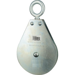 Block Division - 1, 550 Lbs. Load Limit, Swivel Eye Snatch Block - Single Sheave, 3-5/8 Inch Outside Diameter, Wire Rope, 3/8 Inch Diameter, Eye, 1-1/8 Inch Inside Diameter, Carbon Steel, Zinc Plated Finish - Exact Tooling
