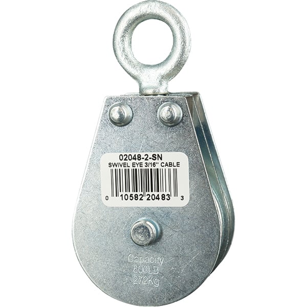 Block Division - 600 Lbs. Load Limit, Swivel Eye Snatch Block - Double Sheave, 2 Inch Outside Diameter, Wire Rope, 3/16 Inch Diameter, Eye, 5/8 Inch Inside Diameter, Carbon Steel, Zinc Plated Finish - Exact Tooling