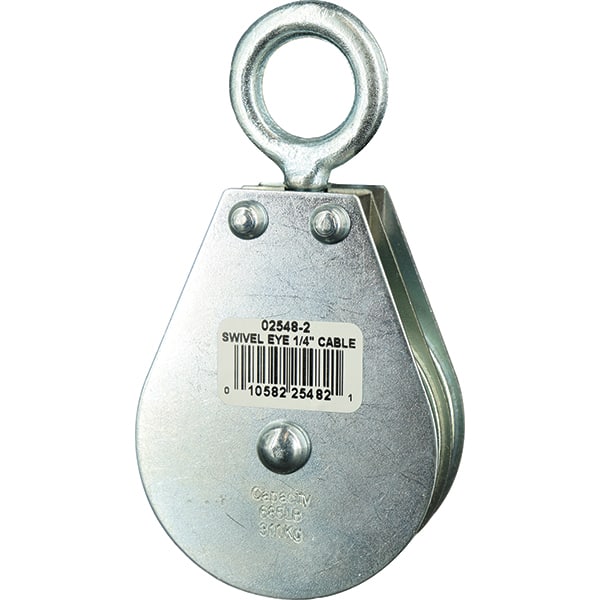 Block Division - 685 Lbs. Load Limit, Swivel Eye Snatch Block - Double Sheave, 2-1/2 Inch Outside Diameter, Wire Rope, 1/4 Inch Diameter, Eye, 7/8 Inch Inside Diameter, Carbon Steel, Zinc Plated Finish - Exact Tooling
