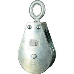 Block Division - 1, 550 Lbs. Load Limit, Swivel Eye Snatch Block - Double Sheave, 3-3/4 Inch Outside Diameter, Wire Rope, 5/16 Inch Diameter, Eye, 1-3/16 Inch Inside Diameter, Carbon Steel, Zinc Plated Finish - Exact Tooling