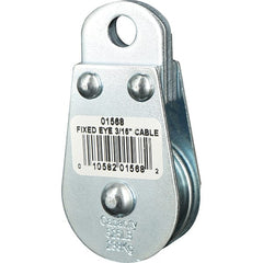 Block Division - 525 Lbs. Load Limit, Rigid Eye Block - Single Sheave, 1-1/2 Inch Outside Diameter, Wire Rope, 3/16 Inch Diameter, Eye, 3/8 Inch Inside Diameter, Carbon Steel, Zinc Plated Finish - Exact Tooling