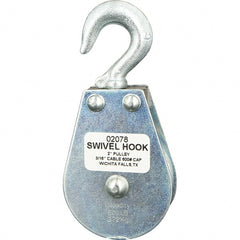 Block Division - 600 Lbs. Load Limit, Swivel Hook Block - Single Sheave, 2 Inch Outside Diameter, Wire Rope, 3/16 Inch Diameter, Eye, 3/8 Inch Inside Diameter, Carbon Steel, Zinc Plated Finish - Exact Tooling
