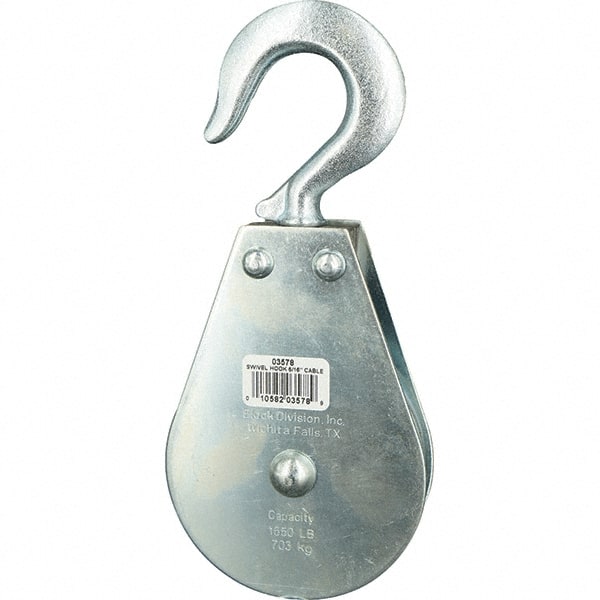 Block Division - 1, 550 Lbs. Load Limit, Swivel Hook Block - Single Sheave, 3-1/2 Inch Outside Diameter, Wire Rope, 5/16 Inch Diameter, Eye, 9/16 Inch Inside Diameter, Carbon Steel, Zinc Plated Finish - Exact Tooling
