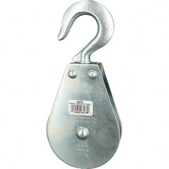 Block Division - 1, 550 Lbs. Load Limit, Swivel Hook Block - Single Sheave, 3-1/2 Inch Outside Diameter, Wire Rope, 5/16 Inch Diameter, Eye, 9/16 Inch Inside Diameter, Carbon Steel, Zinc Plated Finish - Exact Tooling