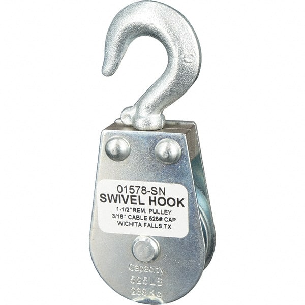 Block Division - 525 Lbs. Load Limit, Swivel Hook Block - Single Sheave, 1-5/8 Inch Outside Diameter, Wire Rope, 3/16 Inch Diameter, Eye, 3/8 Inch Inside Diameter, Carbon Steel, Zinc Plated Finish - Exact Tooling