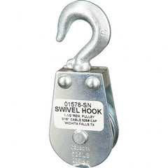 Block Division - 525 Lbs. Load Limit, Swivel Hook Block - Single Sheave, 1-5/8 Inch Outside Diameter, Wire Rope, 3/16 Inch Diameter, Eye, 3/8 Inch Inside Diameter, Carbon Steel, Zinc Plated Finish - Exact Tooling