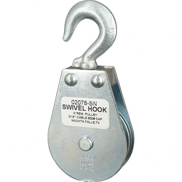 Block Division - 600 Lbs. Load Limit, Swivel Hook Block - Single Sheave, 2-1/8 Inch Outside Diameter, Wire Rope, 3/16 Inch Diameter, Eye, 3/8 Inch Inside Diameter, Carbon Steel, Zinc Plated Finish - Exact Tooling