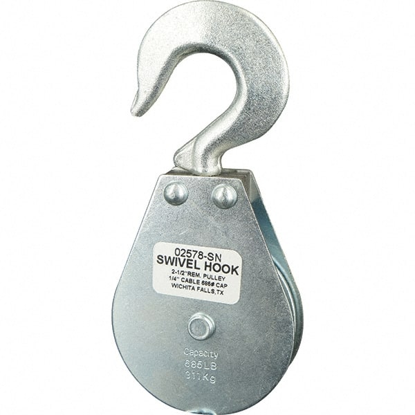 Block Division - 685 Lbs. Load Limit, Swivel Hook Block - Single Sheave, 2-5/8 Inch Outside Diameter, Wire Rope, 1/4 Inch Diameter, Eye, 3/8 Inch Inside Diameter, Carbon Steel, Zinc Plated Finish - Exact Tooling