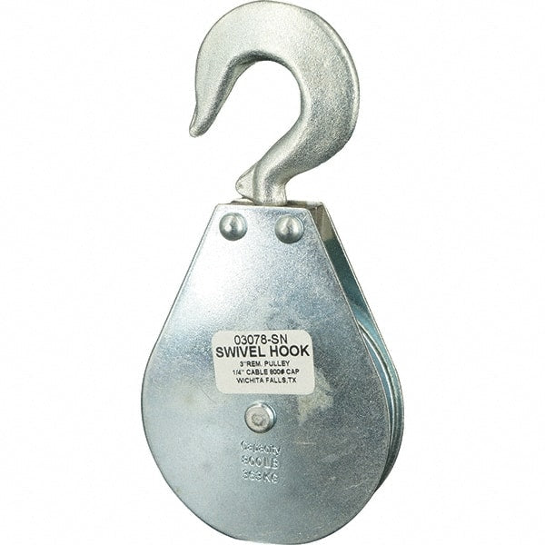 Block Division - 800 Lbs. Load Limit, Swivel Hook Block - Single Sheave, 3-1/8 Inch Outside Diameter, Wire Rope, 1/4 Inch Diameter, Eye, 3/8 Inch Inside Diameter, Carbon Steel, Zinc Plated Finish - Exact Tooling