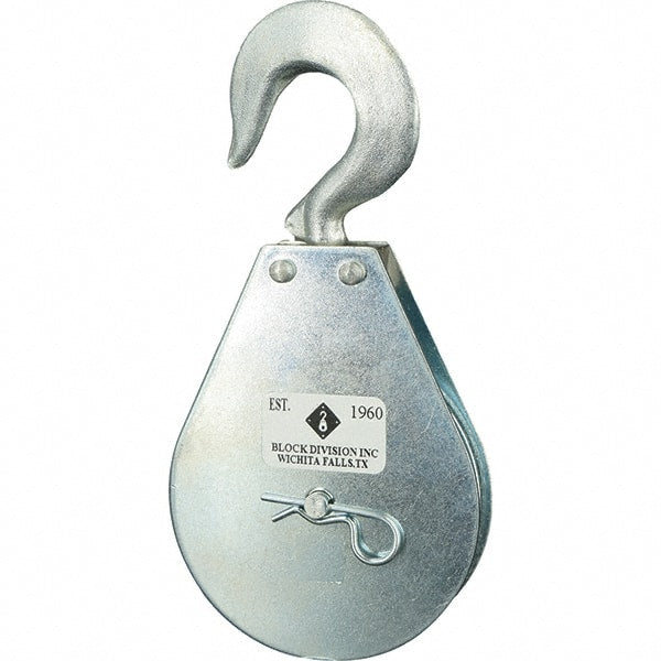 Block Division - 1, 550 Lbs. Load Limit, Swivel Hook Block - Single Sheave, 3-3/4 Inch Outside Diameter, Wire Rope, 5/16 Inch Diameter, Eye, 9/16 Inch Inside Diameter, Carbon Steel, Zinc Plated Finish - Exact Tooling