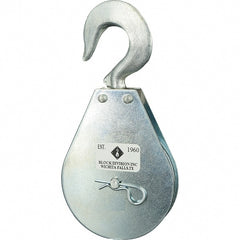 Block Division - 1, 550 Lbs. Load Limit, Swivel Hook Block - Single Sheave, 3-3/4 Inch Outside Diameter, Wire Rope, 5/16 Inch Diameter, Eye, 9/16 Inch Inside Diameter, Carbon Steel, Zinc Plated Finish - Exact Tooling