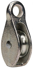 Value Collection - Rigid Eye Single Sheave Pulley - Sheave, 1-1/2 Inch Outside Diameter, Fibrous Rope, 3/8 Inch Diameter, Malleable Iron, Galvanized Finish - Exact Tooling