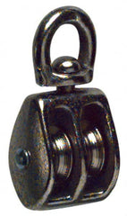 Value Collection - Swivel Eye Double Sheave Pulley - Sheave, 1 Inch Outside Diameter, Fibrous Rope, 1/4 Inch Diameter, Gray Iron, Nickel Plated Finish - Exact Tooling