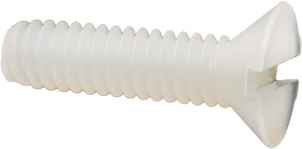Made in USA - #8-32 UNC, 5/8" OAL Slotted Drive Machine Screw - Flat Head, Grade 6/6 Nylon, Uncoated, Without Washer - Exact Tooling