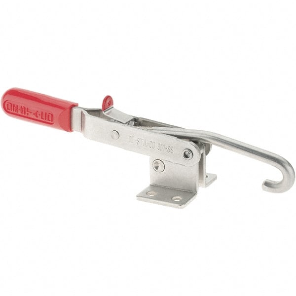 De-Sta-Co - 1,000 Lb Capacity, Horizontal, J Hook, Flanged Base, Stainless Steel Pull Action Latch Clamp - 6.13" Drawing Movement, 13.45" OAL, Straight Handle - Exact Tooling