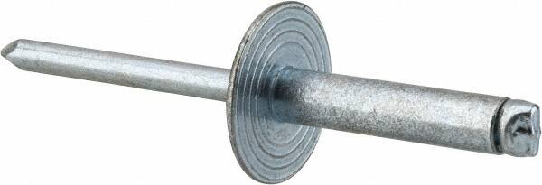 RivetKing - Size 610 Large Flange Dome Head Steel Open End Blind Rivet - Steel Mandrel, 0.501" to 5/8" Grip, 5/8" Head Diam, 0.192" to 0.196" Hole Diam, 0.825" Length Under Head, 3/16" Body Diam - Exact Tooling
