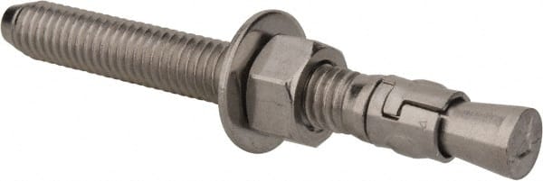 Powers Fasteners - 3/8" Diam, 3/8" Drill, 3-1/2" OAL, 1-1/4" Min Embedment Wedge Expansion Concrete Anchor - 304 Stainless Steel, Hex Nut Head, Hex Drive, 2-3/8" Thread Length - Exact Tooling