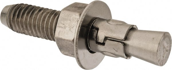Powers Fasteners - 1/2" Diam, 1/2" Drill, 2-3/4" OAL, 2-1/4" Min Embedment Wedge Expansion Concrete Anchor - 304 Stainless Steel, Hex Nut Head, Hex Drive, 1-3/8" Thread Length - Exact Tooling