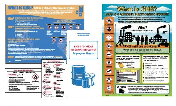 NMC - GHS General Safety & Accident Prevention Training Kit - English, 18" Wide x 24" High, White Background, Includes What is GHS Poster, GHS Pictogram, Booklets, Wallet Cards - Exact Tooling