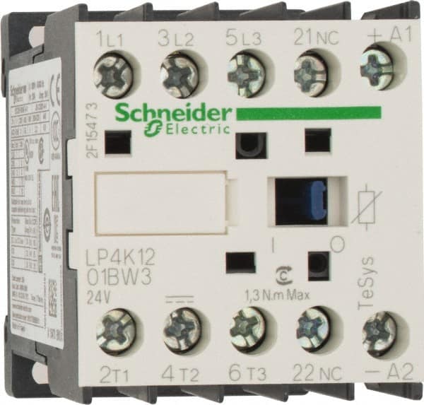 Schneider Electric - 3 Pole, 24 Coil VDC, 12 Amp at 440 VAC, 16 Amp at 690 VAC and 20 Amp at 440 VAC, Nonreversible IEC Contactor - BS 5424, CSA, IEC 60947, NF C 63-110, RoHS Compliant, UL Listed, VDE 0660 - Exact Tooling