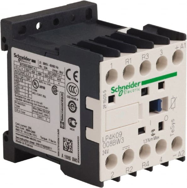 Schneider Electric - 4 Pole, 24 Coil VDC, 16 Amp at 690 VAC and 20 Amp at 440 VAC, Nonreversible IEC Contactor - BS 5424, CSA, IEC 60947, NF C 63-110, RoHS Compliant, UL Listed, VDE 0660 - Exact Tooling