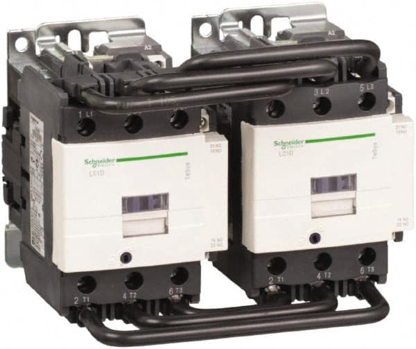 Schneider Electric - 3 Pole, 120 Coil VAC at 50/60 Hz, 80 Amp at 440 VAC, Reversible IEC Contactor - 1 Phase hp: 15 at 230/240 VAC, 7.5 at 115 VAC, 3 Phase hp: 20 at 200/208 VAC, 25 at 230/240 VAC, 60 at 460/480 VAC, 60 at 575/600 VAC - Exact Tooling