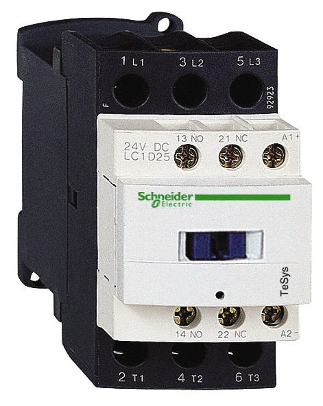 Schneider Electric - 3 Pole, 24 Coil VDC, 25 Amp at 440 VAC and 40 Amp at 440 VAC, Nonreversible IEC Contactor - 1 Phase hp: 2 at 115 VAC, 3 at 230/240 VAC, 3 Phase hp: 15 at 460/480 VAC, 20 at 575/600 VAC, 5 at 200/208 VAC, 7.5 at 230/240 VAC - Exact Tooling