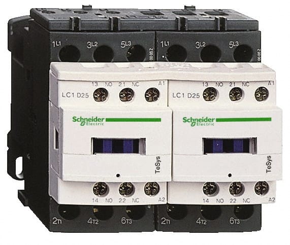 Schneider Electric - 3 Pole, 120 Coil VAC at 50/60 Hz, 9 Amp at 440 VAC, Reversible IEC Contactor - 1 Phase hp: 0.5 at 115 VAC, 1 at 230/240 VAC, 3 Phase hp: 2 at 200/208 VAC, 2 at 230/240 VAC, 5 at 460/480 VAC, 7.5 at 575/600 VAC - Exact Tooling