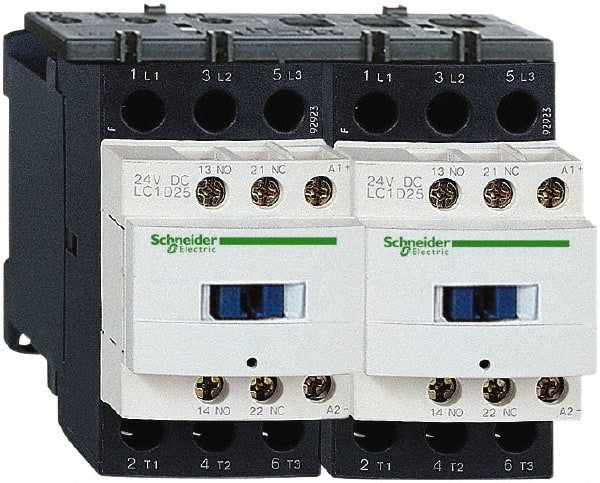 Schneider Electric - 3 Pole, 24 Coil VDC, 9 Amp at 440 VAC, Reversible IEC Contactor - 1 Phase hp: 0.5 at 115 VAC, 1 at 230/240 VAC, 3 Phase hp: 2 at 200/208 VAC, 2 at 230/240 VAC, 5 at 460/480 VAC, 7.5 at 575/600 VAC - Exact Tooling