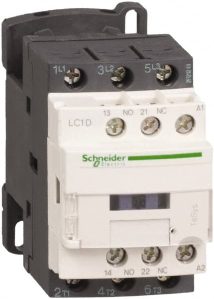 Schneider Electric - 3 Pole, 12 Coil VDC, 12 Amp at 440 VAC and 25 Amp at 440 VAC, Nonreversible IEC Contactor - 1 Phase hp: 1 at 115 VAC, 2 at 230/240 VAC, 3 Phase hp: 10 at 575/600 VAC, 3 at 200/208 VAC, 3 at 230/240 VAC, 7.5 at 460/480 VAC - Exact Tooling