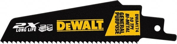 DeWALT - 4" Long x 1" Thick, High Speed Steel Reciprocating Saw Blade - Straight Profile, 10 TPI, Toothed Edge, Universal Shank - Exact Tooling