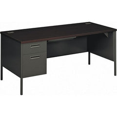 Hon - Plastic Laminated Top Single Pedestal Desk with Center Drawer - 66" Wide x 30" Deep x 29-1/2" High, Mahogany/Charcoal - Exact Tooling