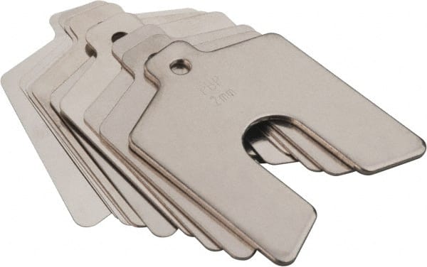 Precision Brand - 100 Piece, 0.025 to 2.000 mm Thickness, Stainless Slotted Shim Assortment - 125 mm Long x 125 mm Wide, 41 mm Wide Slot - Exact Tooling