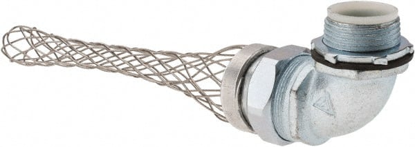 Woodhead Electrical - Liquidtight, Elbow Strain Relief Cord Grip - 1 NPT Thread, 5-1/4" Long, Iron & Zinc-plated Steel - Exact Tooling