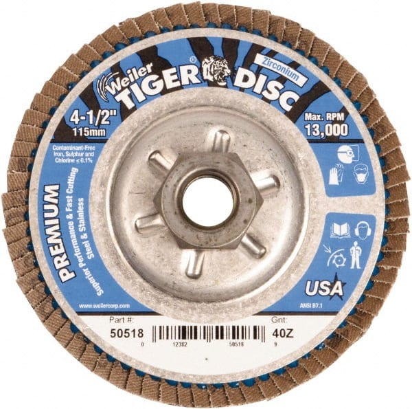 Weiler - 4-1/2" 40 Grit 5/8-11 Center Hole Type 29 Zirconia Alumina Flap Disc - Exact Tooling