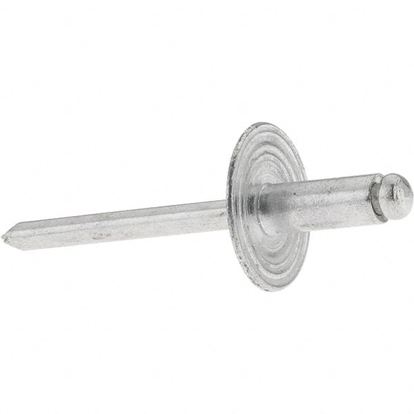 Value Collection - Size 64 Large Flange Dome Head Aluminum Open End Blind Rivet - Aluminum Mandrel, 0.062" to 1/4" Grip, 0.615" Head Diam, 0.192" to 0.196" Hole Diam, 0.45" Length Under Head, 3/16" Body Diam - Exact Tooling