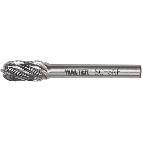 WALTER Surface Technologies - 1/2" Cut Diam, 1/4" Shank Diam, Cylinder Ball End Head Double Cut Burr - Carbide, 1" LOC - Exact Tooling