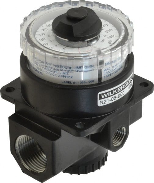 Wilkerson - 3/4 NPT Port, 220 CFM, Zinc Dial Air Regulator - 5 to 160 psi Range, 300 Max psi Supply Pressure, 1/4" Gauge Port Thread, 3.2" Wide x 4.19" High - Exact Tooling