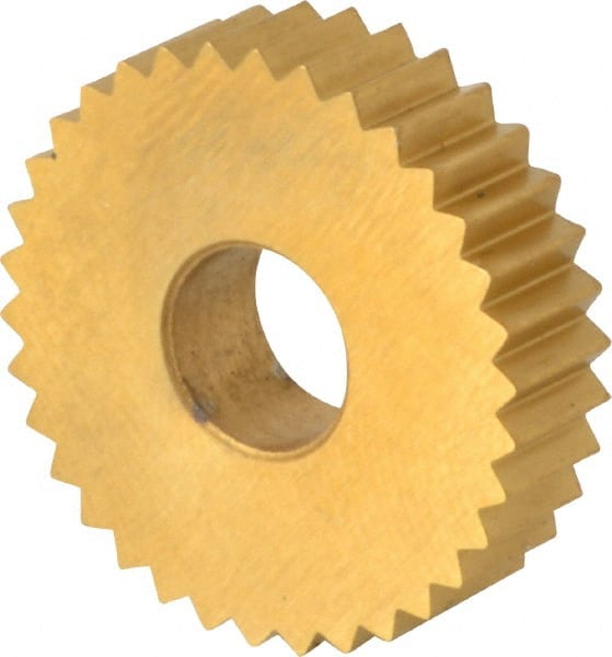 Dorian Tool - 3/4" Diam, 90° Tooth Angle, 14 TPI, Standard (Shape), Form Type Cobalt Straight Knurl Wheel - 0.197" Face Width, 1/4" Hole, Circular Pitch, TiN Finish, Series R - Exact Tooling