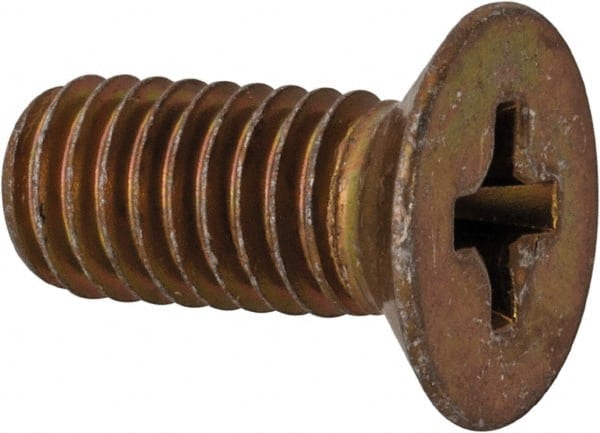 Made in USA - #10-32 UNF, 7/16" OAL Phillips Drive Machine Screw - Flat Head, Grade 3 Steel, Yellow Cadmium-Plated Finish, Without Washer - Exact Tooling