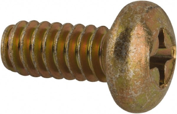 Made in USA - #10-24 UNC, 7/16" Length Under Head Phillips Drive Machine Screw - Pan Head, Grade 3 Steel, Yellow Cadmium-Plated Finish, Without Washer - Exact Tooling