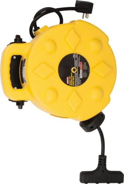 Bayco - 12 AWG, 50' Cable Length, Cord & Cable Reel with Outlet End - 4 Outlets, NEMA 5-15R, 15 Amps, SJTW Cable, Yellow Reel - Exact Tooling