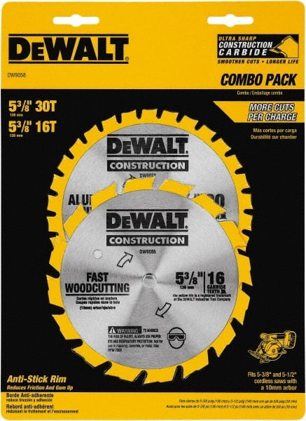 DeWALT - 5-3/8" Diam, 0.3937" Arbor Hole Diam, 16 & 30 Tooth Wet & Dry Cut Saw Blade - Tungsten Carbide-Tipped, Fast Cutting Action, Diamond Arbor - Exact Tooling