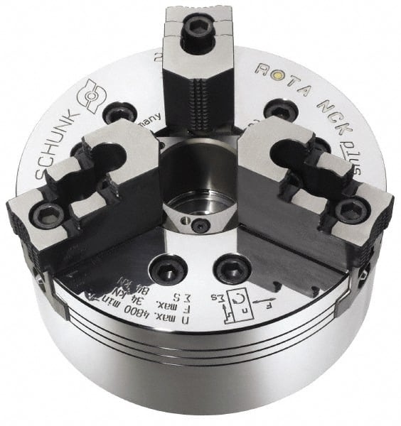 Schunk - 3 Jaws, 12-1/2" Chuck Diam, A2-6 Mount, 3.583" Through Hole, Hydraulic Power Lathe Chuck - 32,592 Lb Force per Jaw, 3,300 RPM, Steel Body - Exact Tooling