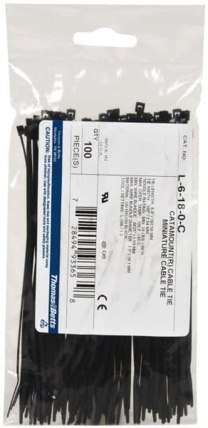 Thomas & Betts - 6.4" Long Black Nylon Standard Cable Tie - 18 Lb Tensile Strength, 1.13mm Thick, 1-1/2" Max Bundle Diam - Exact Tooling